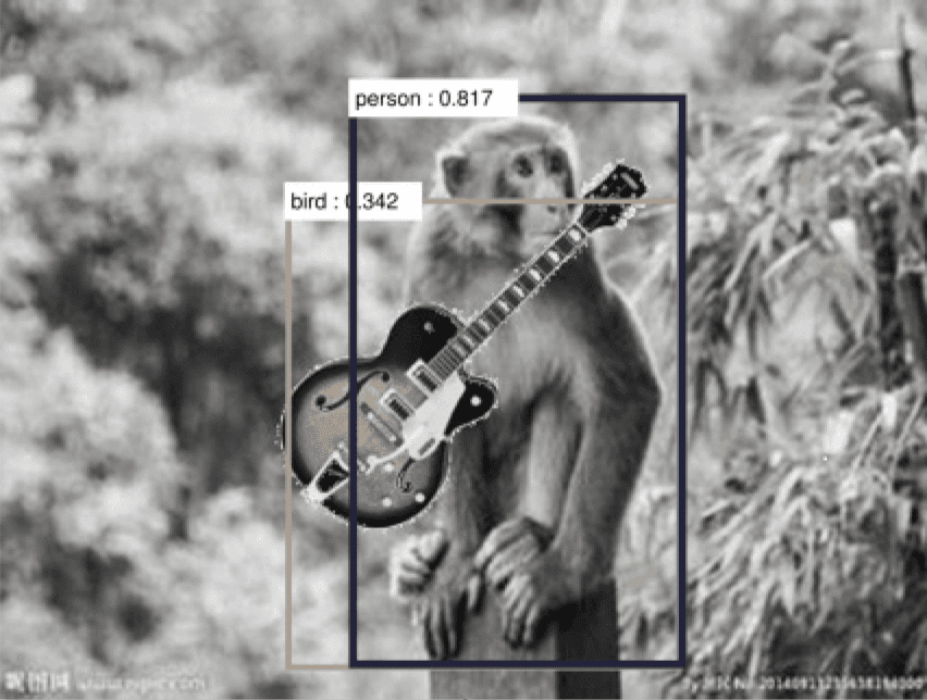 Adding a guitar causes the computer vision system to misclassify the monkey as human