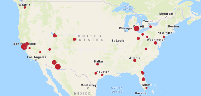 Locations of self-driving vehicle tests
